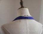 Royal Blue A-Line Halter Chiffon Satin Long Formal Prom Dress V-Neck Beaded Birthday Party Dress