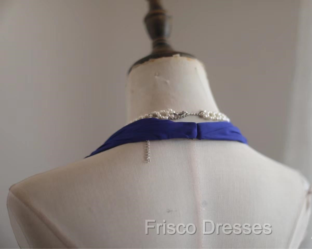 Royal Blue A-Line Halter Chiffon Satin Long Formal Prom Dress V-Neck Beaded Birthday Party Dress