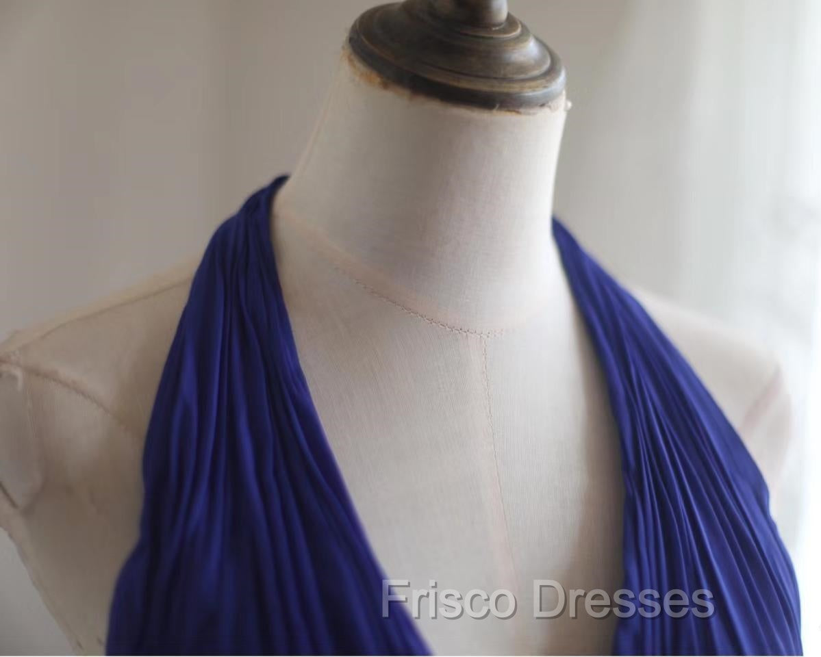 Royal Blue A-Line Halter Chiffon Satin Long Formal Prom Dress V-Neck Beaded Birthday Party Dress