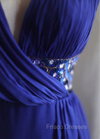 Royal Blue A-Line Halter Chiffon Satin Long Formal Prom Dress V-Neck Beaded Birthday Party Dress