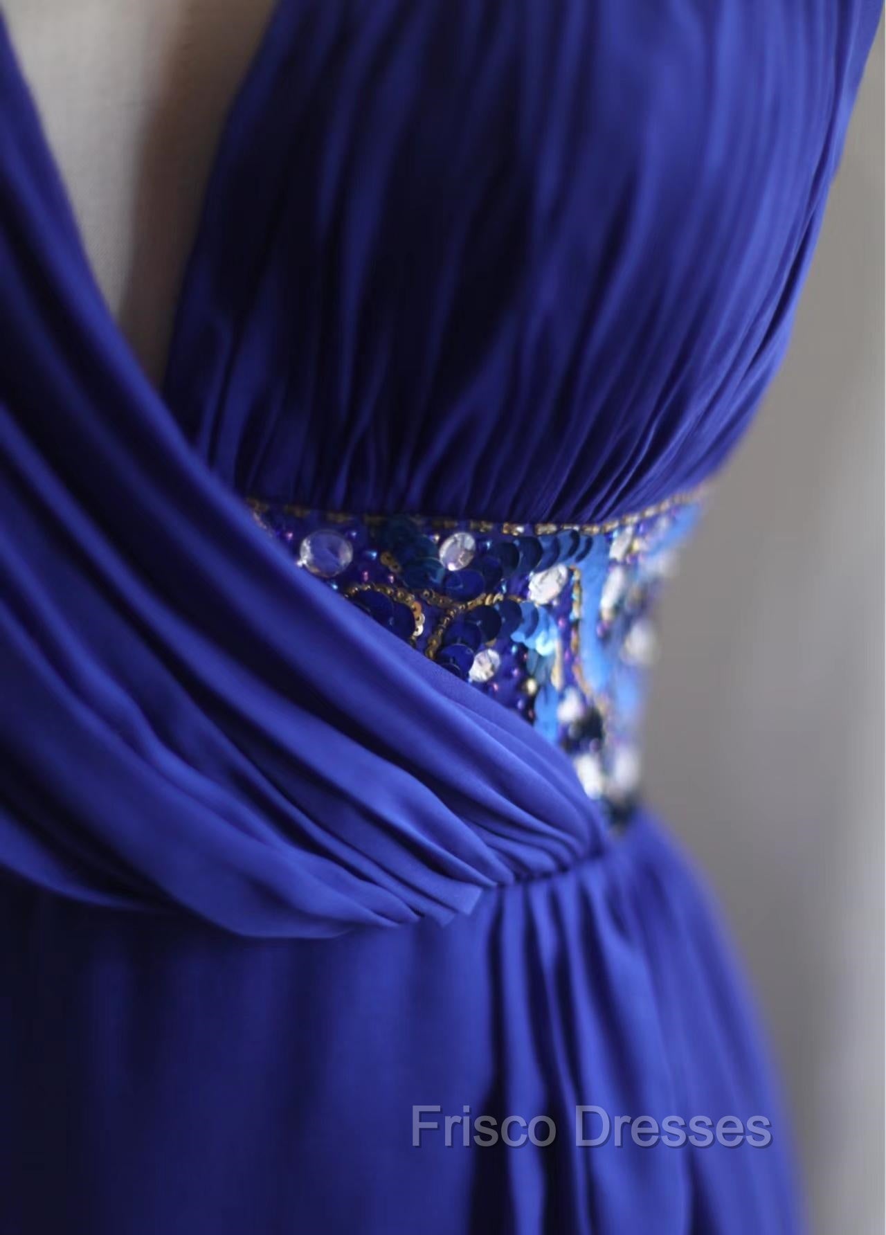 Royal Blue A-Line Halter Chiffon Satin Long Formal Prom Dress V-Neck Beaded Birthday Party Dress