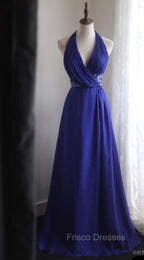 Royal Blue A-Line Halter Chiffon Satin Long Formal Prom Dress V-Neck Beaded Birthday Party Dress