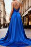 Royal Blue A Line Spaghetti Straps Satin Formal Prom Dress with Slit