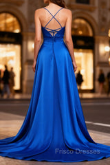 Royal Blue A Line Spaghetti Straps Satin Formal Prom Dress with Slit