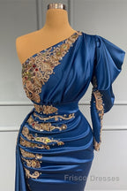 Royal Blue Asymmetric One Shoulder Stretch Satin Evening Formal Prom Dresses with Appliques