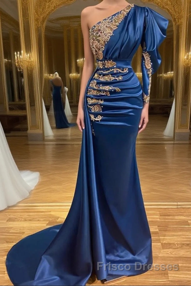Royal Blue Asymmetric One Shoulder Stretch Satin Evening Formal Prom Dresses with Appliques Main image