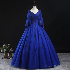 Royal Blue Ball Gown Lace Applique Quinceanera Dresses, Tulle Floor Length Sweet 16 Dresses