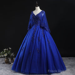 Royal Blue Ball Gown Lace Applique Quinceanera Dresses, Tulle Floor Length Sweet 16 Dresses