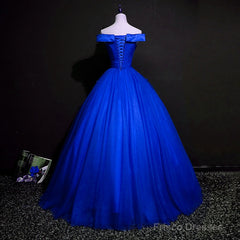 Royal Blue Ball Gown Pricess Off Shoudler Tulle Party Dress, Blue Evening Dress Prom Dress