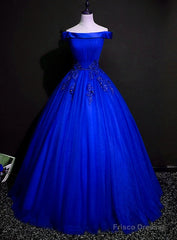 Royal Blue Ball Gown Pricess Off Shoudler Tulle Party Dress, Blue Evening Dress Prom Dress