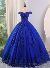 Royal Blue Ball Gown Tulle with Lace Applique Prom Dress,Royal Blue Sweetheart 16 Dress