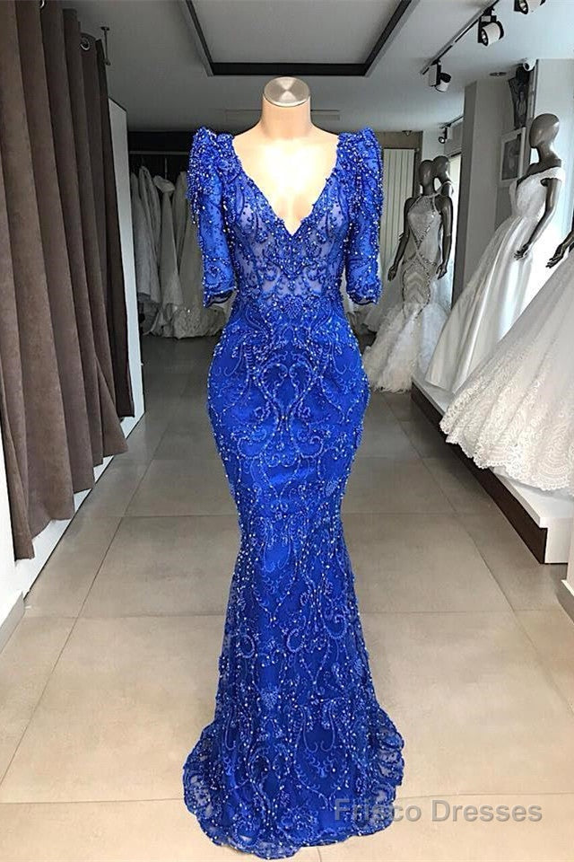 Royal blue Beaded Lace appliques 1/2 sleeve Mermaid Prom Party Gowns Main image