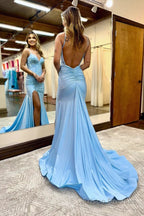 Royal Blue Beaded V Neck Mermaid Long Prom Dresses with Slit
