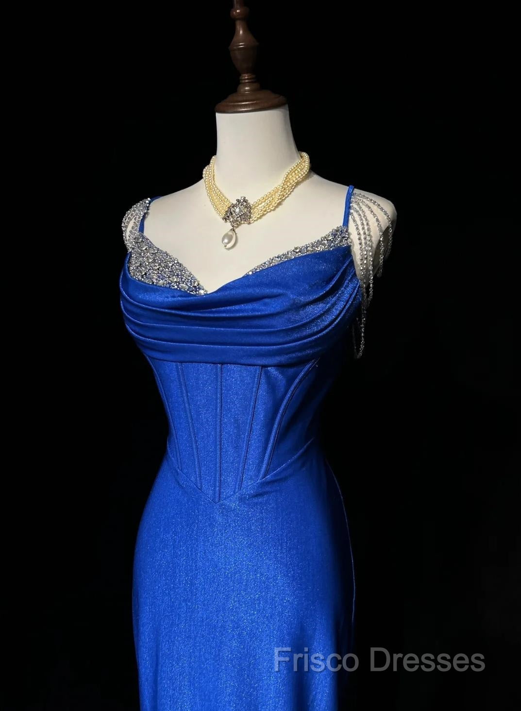 Royal Blue Elegant Mermaid Satin Spaghetti Strap Long Formal Prom Dress Beaded Formal Gown