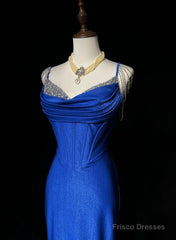 Royal Blue Elegant Mermaid Satin Spaghetti Strap Long Prom Dress Beaded Formal Evening Gown