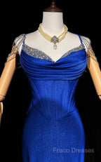 Royal Blue Elegant Mermaid Satin Spaghetti Strap Long Formal Prom Dress Beaded Formal Gown