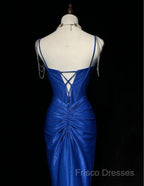 Royal Blue Elegant Mermaid Satin Spaghetti Strap Long Formal Prom Dress Beaded Formal Gown