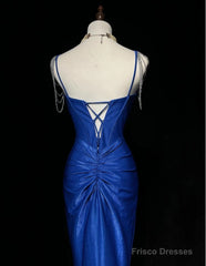 Royal Blue Elegant Mermaid Satin Spaghetti Strap Long Prom Dress Beaded Formal Evening Gown