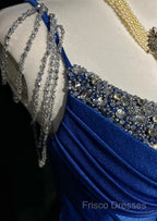 Royal Blue Elegant Mermaid Satin Spaghetti Strap Long Formal Prom Dress Beaded Formal Gown