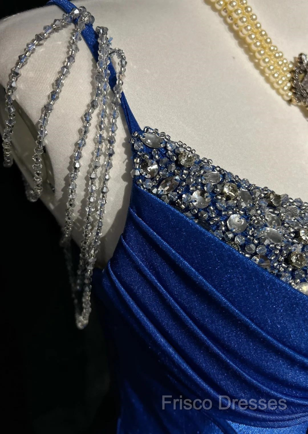 Royal Blue Elegant Mermaid Satin Spaghetti Strap Long Formal Prom Dress Beaded Formal Gown