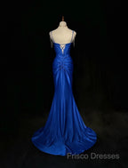 Royal Blue Elegant Mermaid Satin Spaghetti Strap Long Formal Prom Dress Beaded Formal Gown