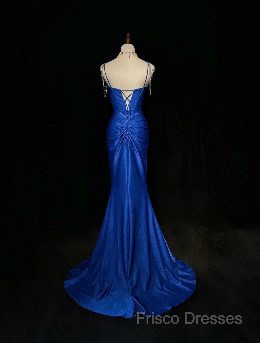 Royal Blue Elegant Mermaid Satin Spaghetti Strap Long Formal Prom Dress Beaded Formal Gown