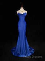 Royal Blue Elegant Mermaid Satin Spaghetti Strap Long Formal Prom Dress Beaded Formal Gown
