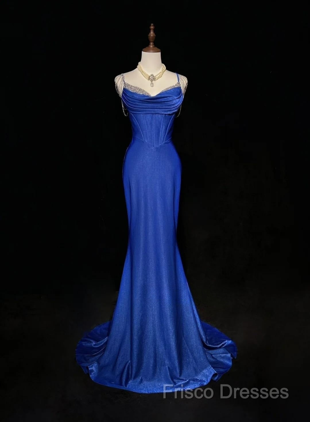 Royal Blue Elegant Mermaid Satin Spaghetti Strap Long Formal Prom Dress Beaded Formal Gown