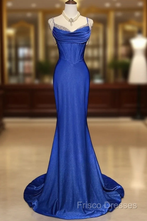 Royal Blue Elegant Mermaid Satin Spaghetti Strap Long Formal Prom Dress Beaded Formal Gown Main image