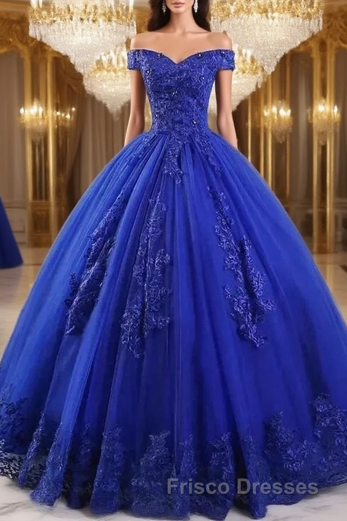 Royal Blue Lace Off the Shoulder Quinceanera Dress with Flowers Main image
