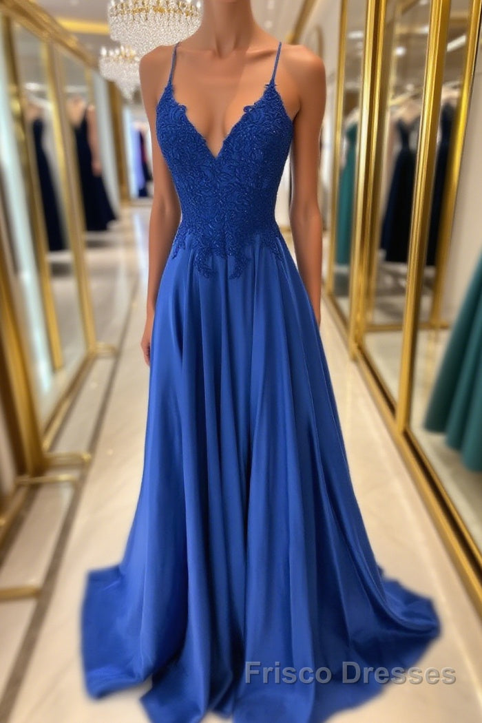 Royal blue lace satin long Formal Prom Dresses blue formal Dresses