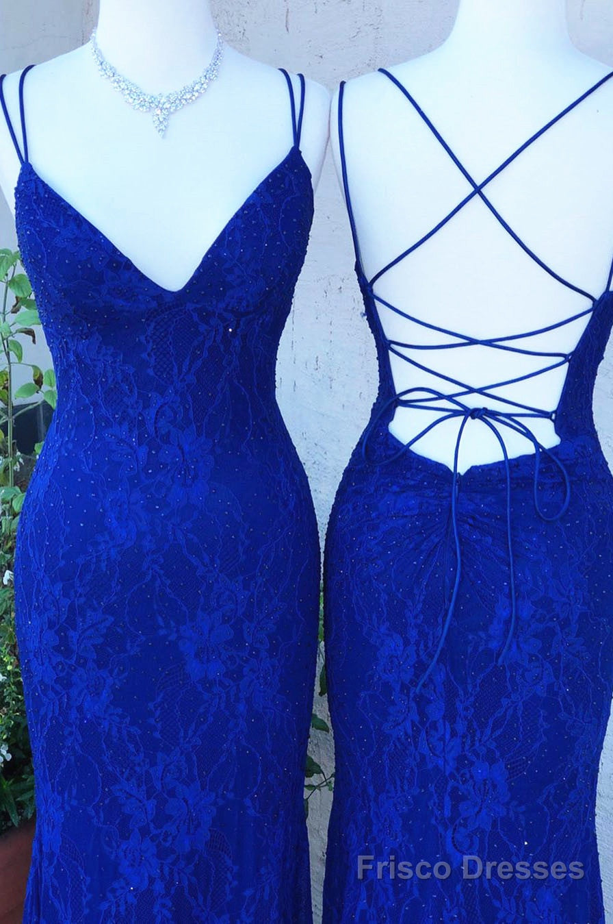 Royal Blue Lace Sheath Prom Dresses Long Open Back Main image