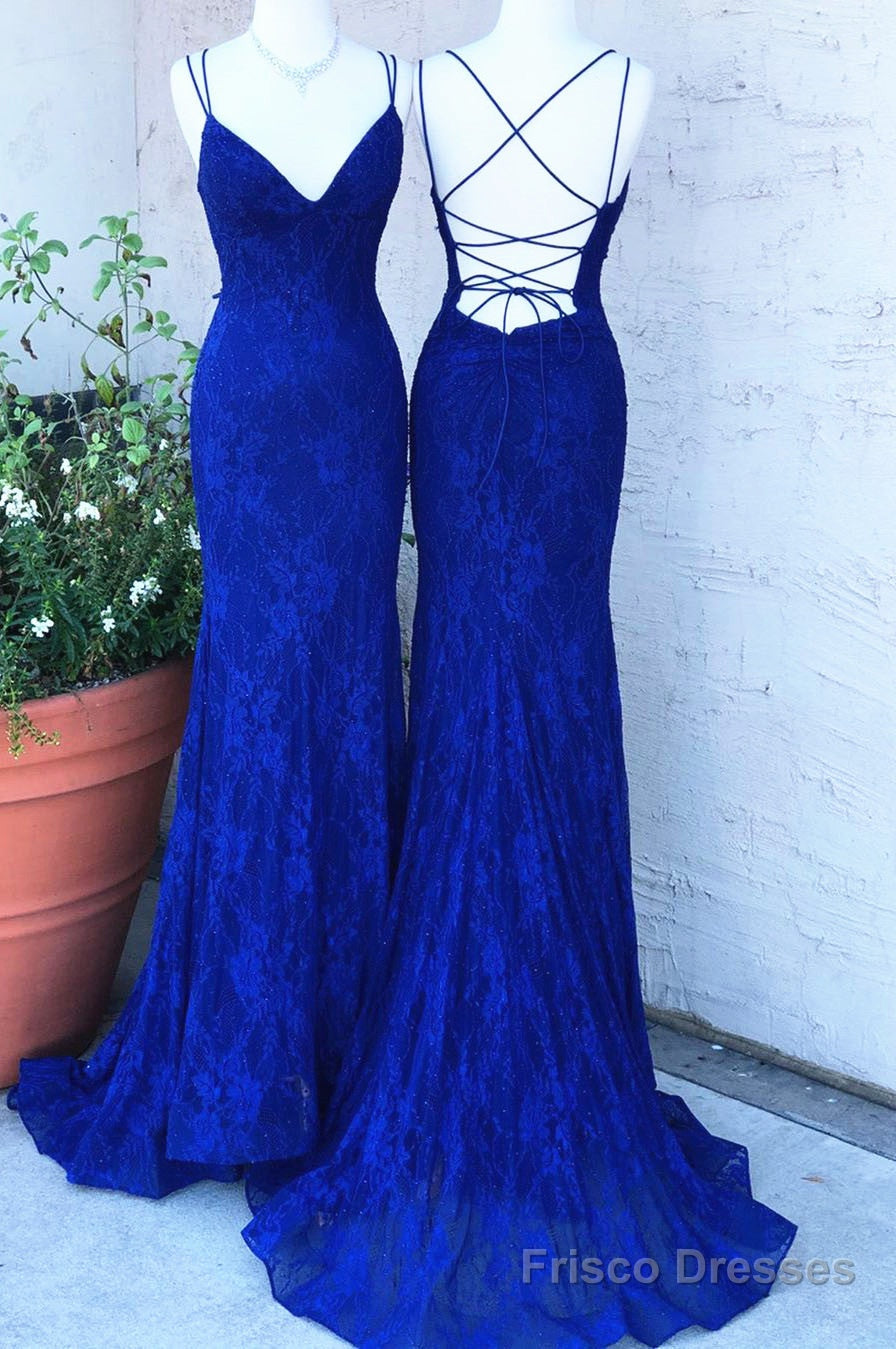 Royal Blue Lace Sheath Prom Dresses Long Open Back Secondary image