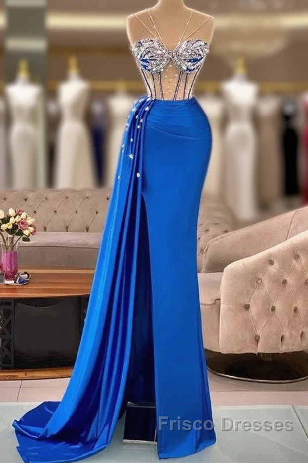 Royal Blue Mermaid Beading See Through Formal Prom Dress