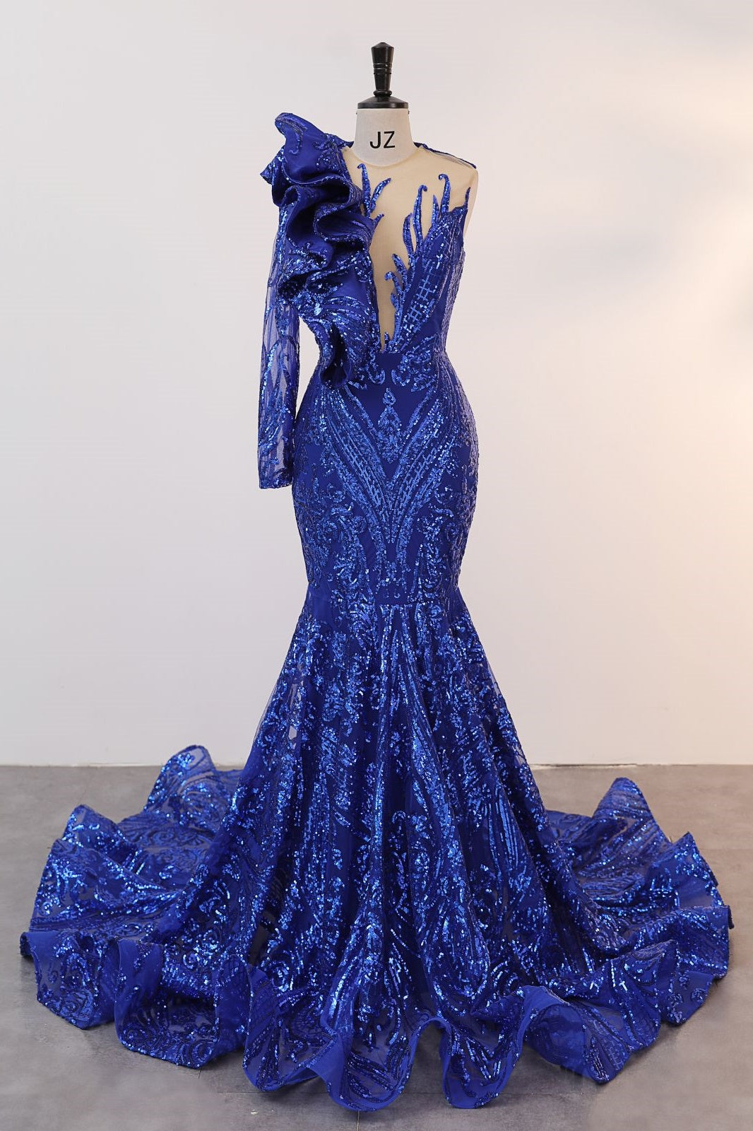 Royal Blue Mermaid One Sleeve Prom Dresses Sequined Lace Jewel Ruffles Evening Party Dress with Appliques Secondary image