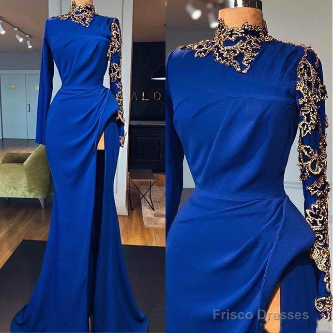 Royal Blue Mermaid Prom Dresses High Neck Long Sleeves Side Split Gold Appliques Evening Gowns Main image