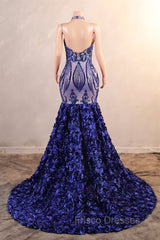 Royal Blue Mermaid Formal Prom Dress Sequined Lace Flowers Halter Neck Backless Long Gowns