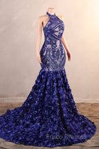 Royal Blue Mermaid Formal Prom Dress Sequined Lace Flowers Halter Neck Backless Long Gowns