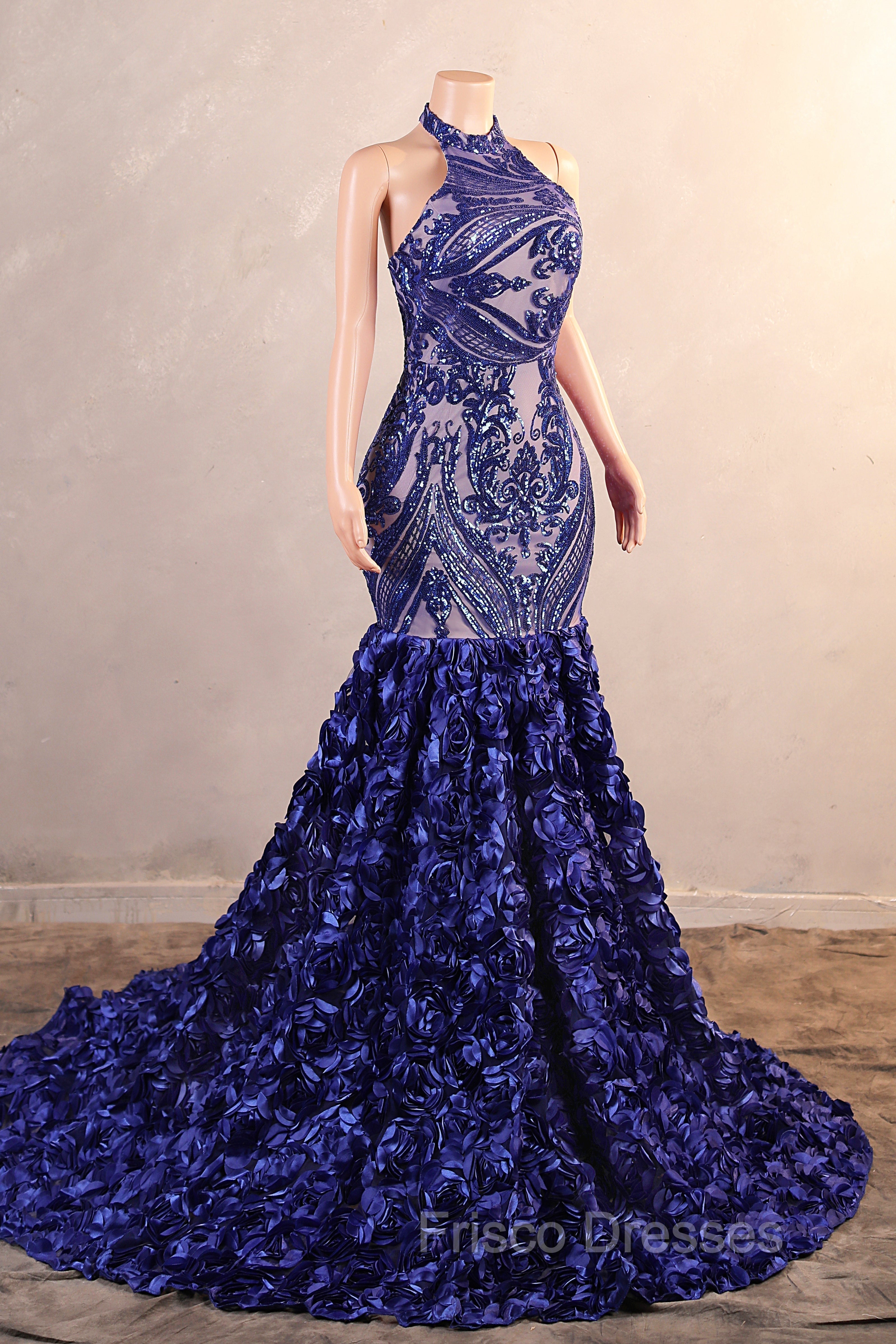 Royal Blue Mermaid Formal Prom Dress Sequined Lace Flowers Halter Neck Backless Long Gowns