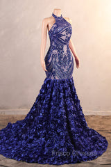 Royal Blue Mermaid Formal Prom Dress Sequined Lace Flowers Halter Neck Backless Long Gowns