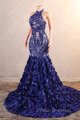 Royal Blue Mermaid Formal Prom Dress Sequined Lace Flowers Halter Neck Backless Long Gowns