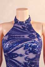 Royal Blue Mermaid Formal Prom Dress Sequined Lace Flowers Halter Neck Backless Long Gowns