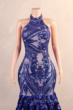 Royal Blue Mermaid Formal Prom Dress Sequined Lace Flowers Halter Neck Backless Long Gowns