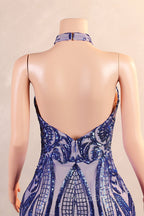 Royal Blue Mermaid Formal Prom Dress Sequined Lace Flowers Halter Neck Backless Long Gowns