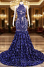 Royal Blue Mermaid Formal Prom Dress Sequined Lace Flowers Halter Neck Backless Long Gowns