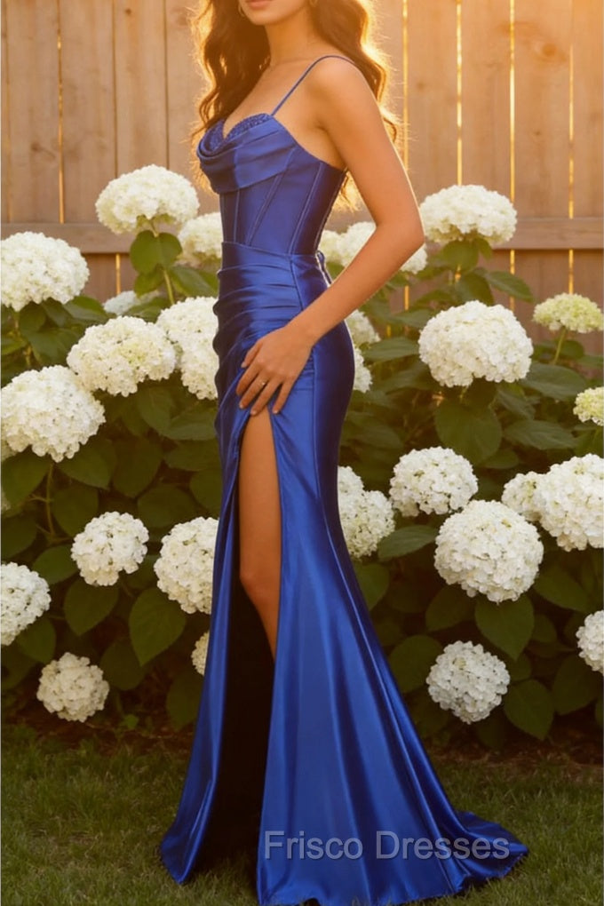 Royal Blue Mermaid Spaghetti Straps Long Prom Dress With Slit