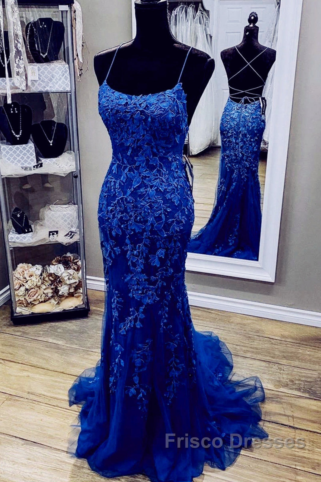 Royal Blue Mermaid Straps Tulle And Lace Party Dress, Royal Blue Formal Prom Dress
