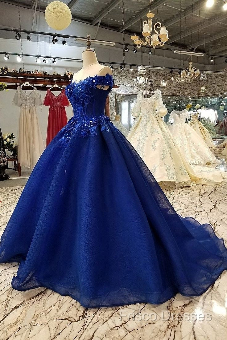 Royal Blue Off-The-Shoulder Formal Dress, Appliques Formal Prom Dress