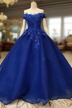 Royal Blue Off-The-Shoulder Formal Dress, Appliques Formal Prom Dress