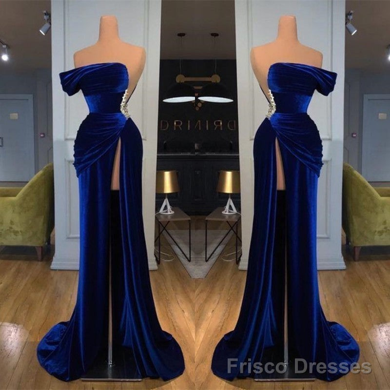Royal Blue Off-the-shoulder Long Prom Evening Dress with Split